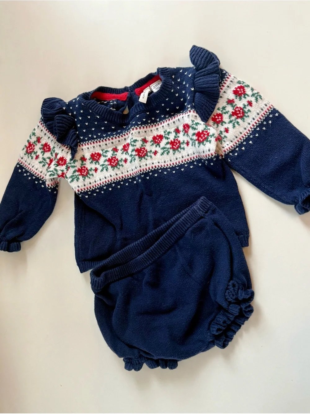 Janie and Jack Navy Knit Sweater & Bloomers Set with Red and Green Floral Yoke